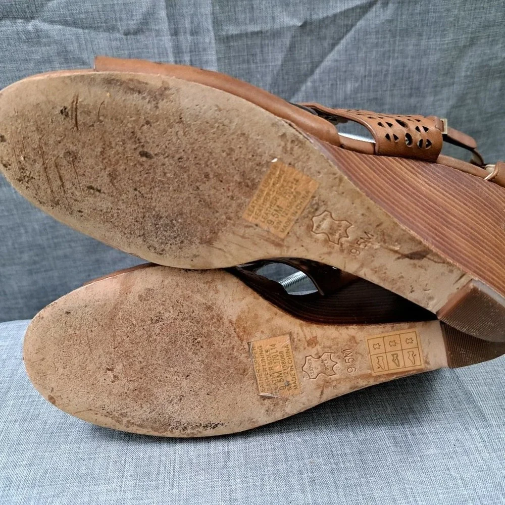%TORY BURCH Brown Leather Wedges Sandals Size 9.5M Women / D14